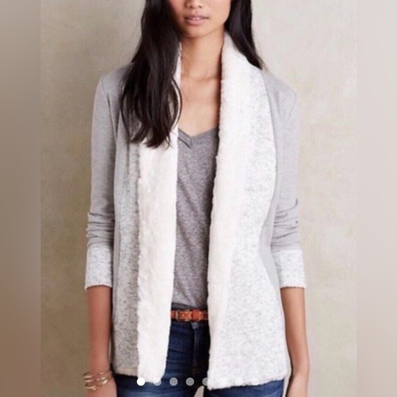 Anthropologie Moth Faux Fur Trim Open Front Cardigan – Gray – Size XS - Picture 2 of 4